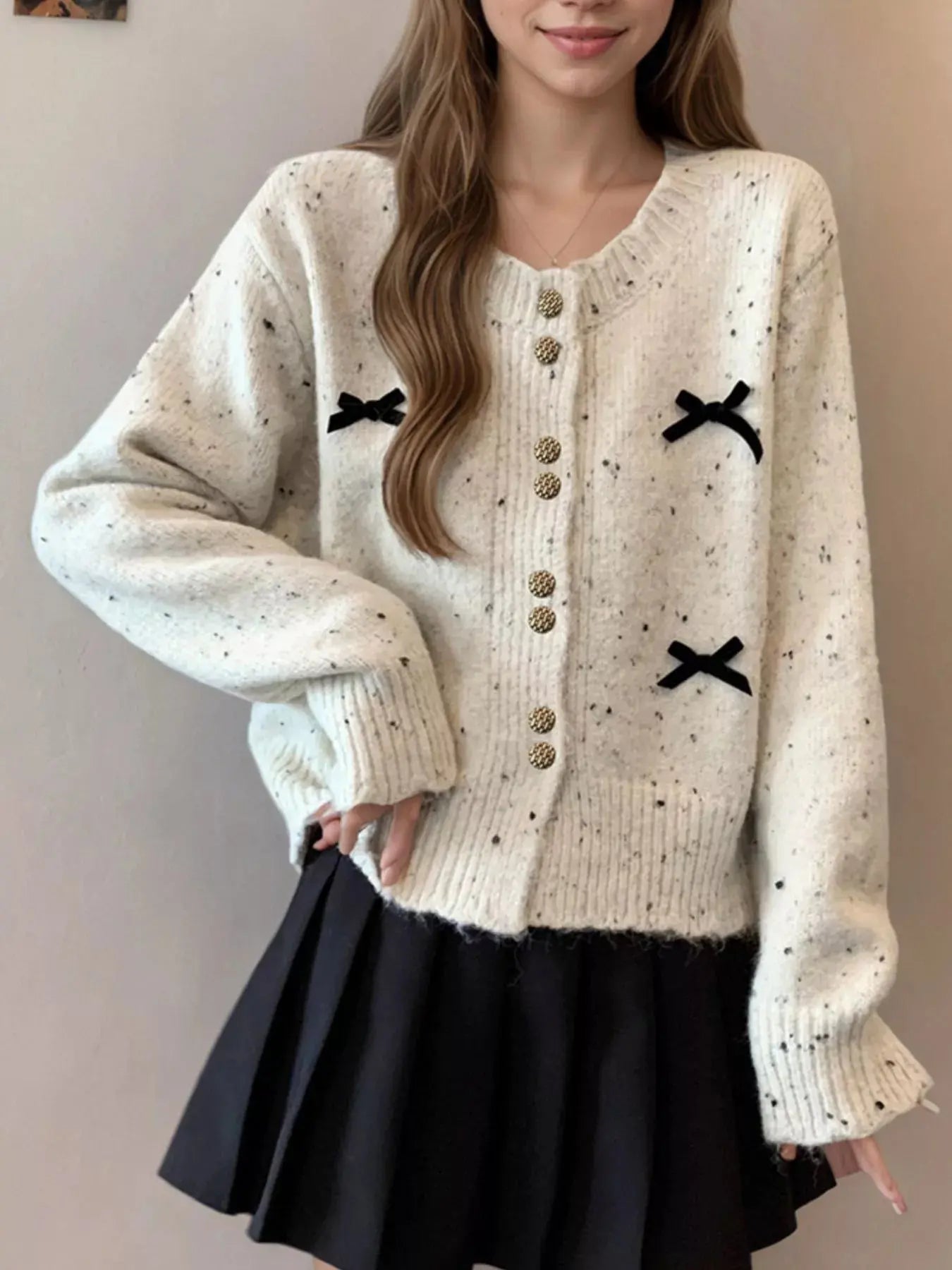 Bow Button Up Ribbed Hem Cardigan Simply Love