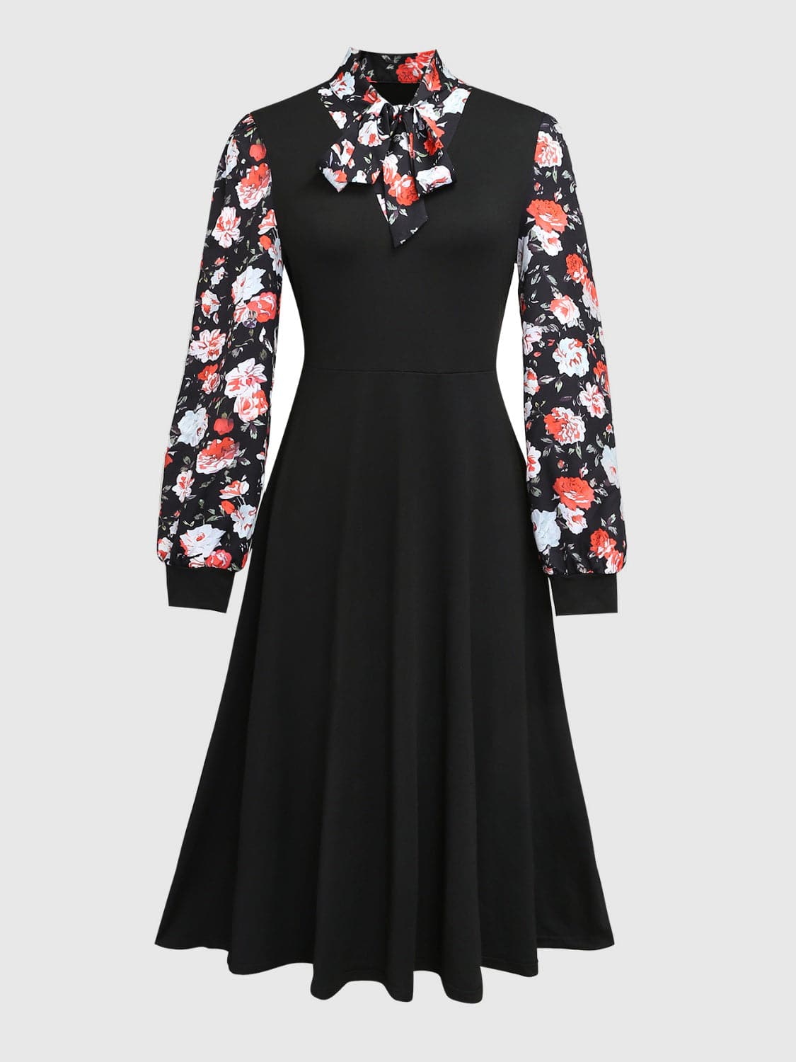 Printed Tie Neck Long Sleeve Midi Dress.