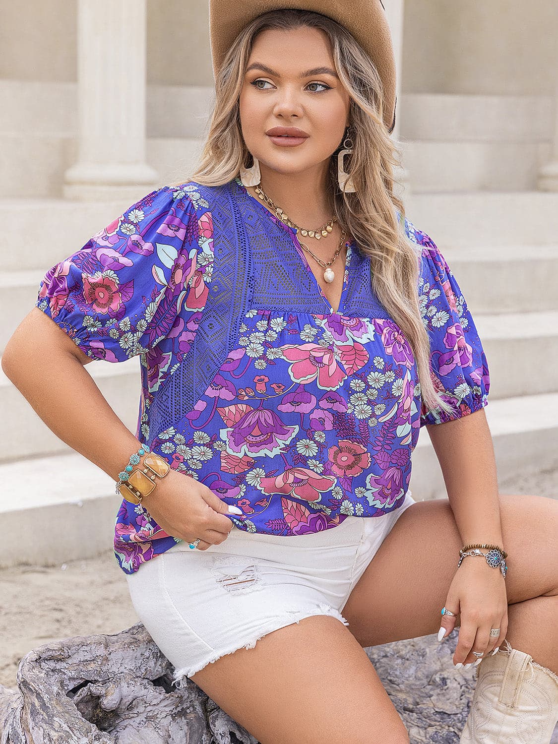 Plus Size Printed Notched Short Sleeve Blouse.