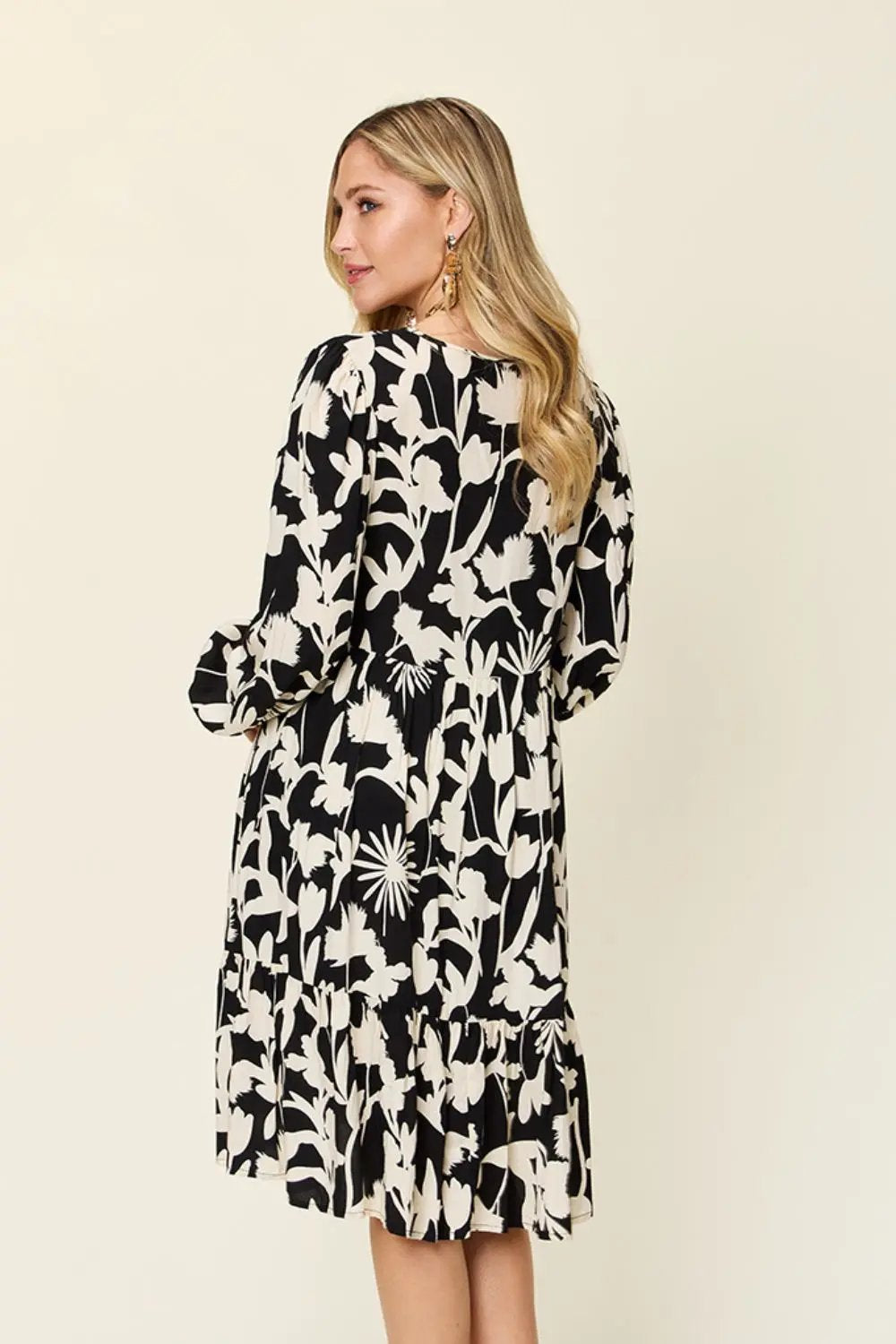 Double Take Full Size Printed Ruffle Hem Long Sleeve Dress - Love Salve
