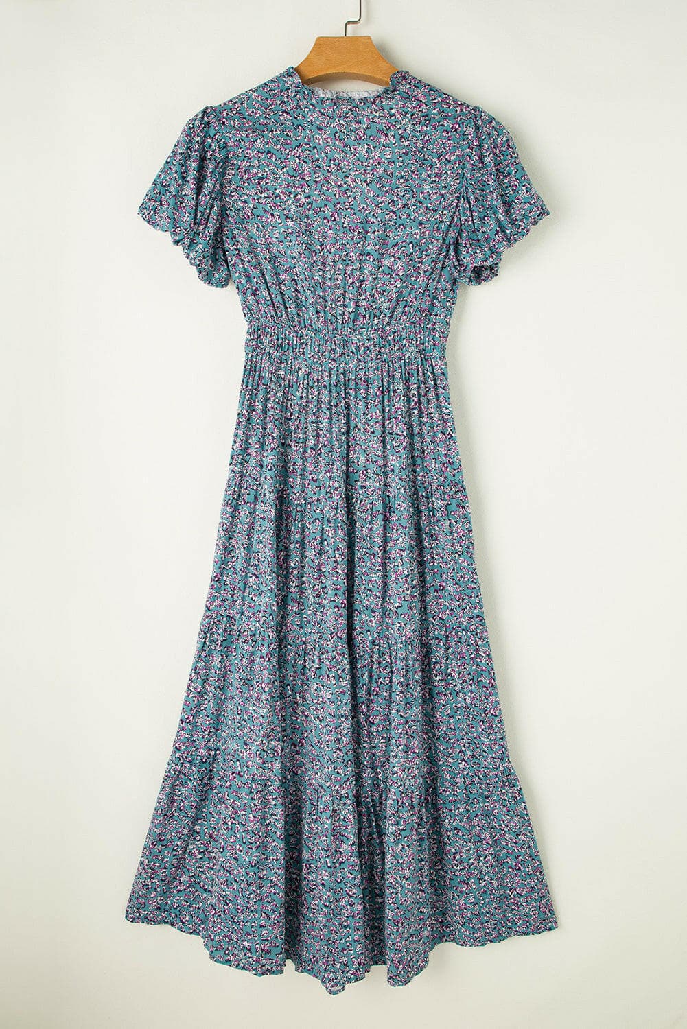 Tiered Printed Notched Short Sleeve Dress.