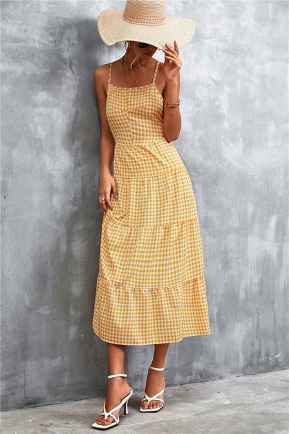 Plaid Square Neck Midi Cami Dress.