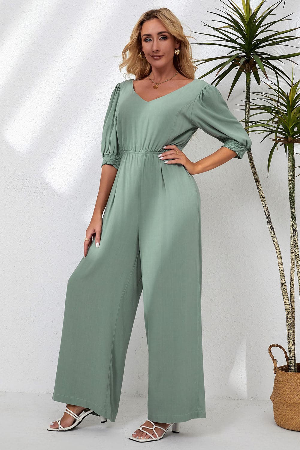 V-Neck Half Sleeve Jumpsuit.