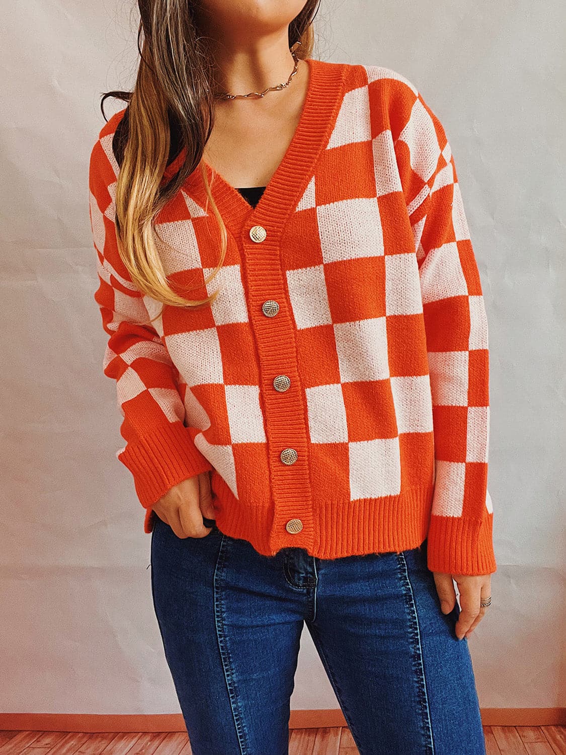 Checkered Open Front Button Up Cardigan.