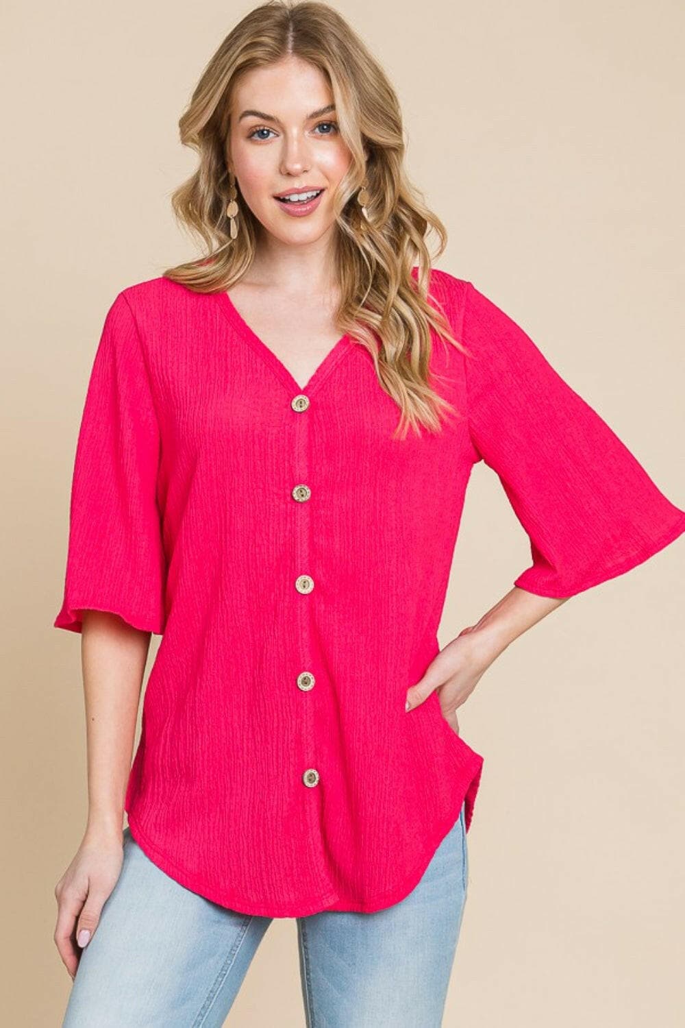 BOMBOM Texture Decorative Button V-Neck Top.