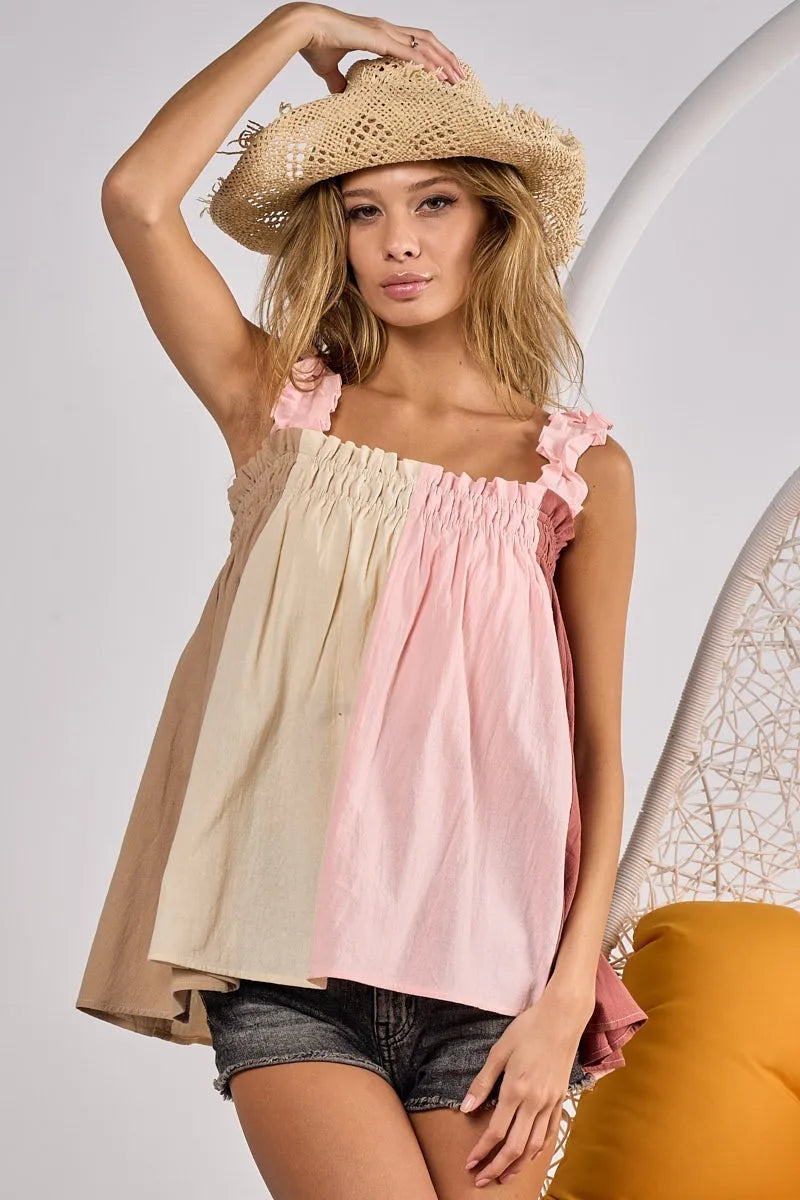 BiBi Frill Shoulder Strap Color Block Bodice Top - Love Salve 