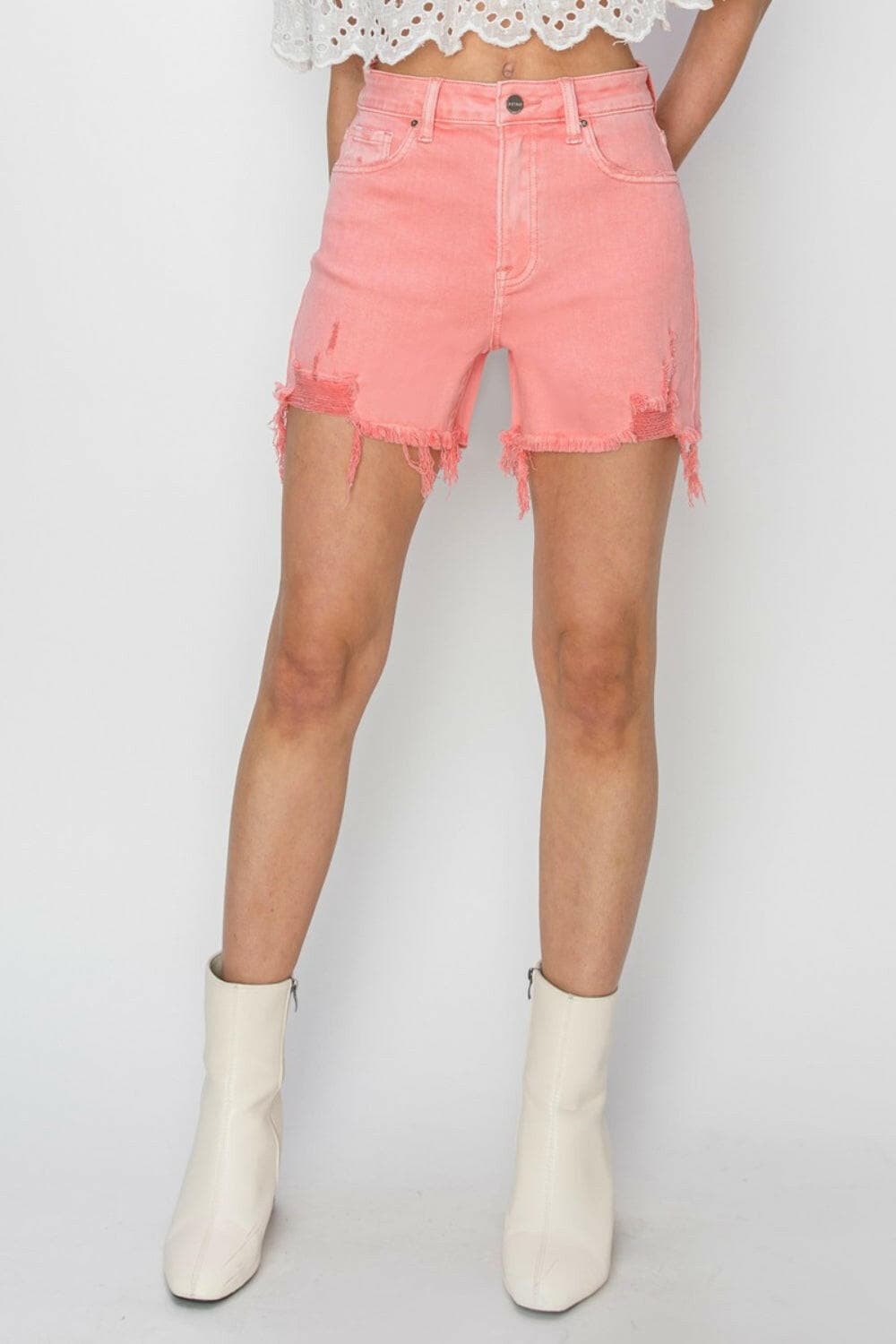 RISEN High Rise Distressed Denim Shorts.