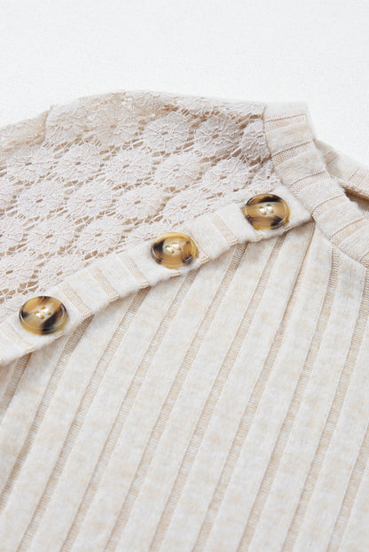 Lace detail ribbed top with button accents and raglan sleeves