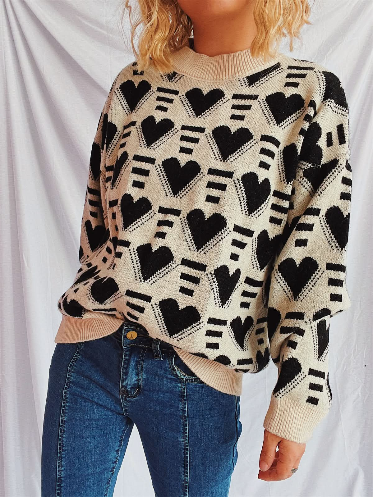 Heartfelt Contrast Long Sleeve Sweater with Dropped Shoulders