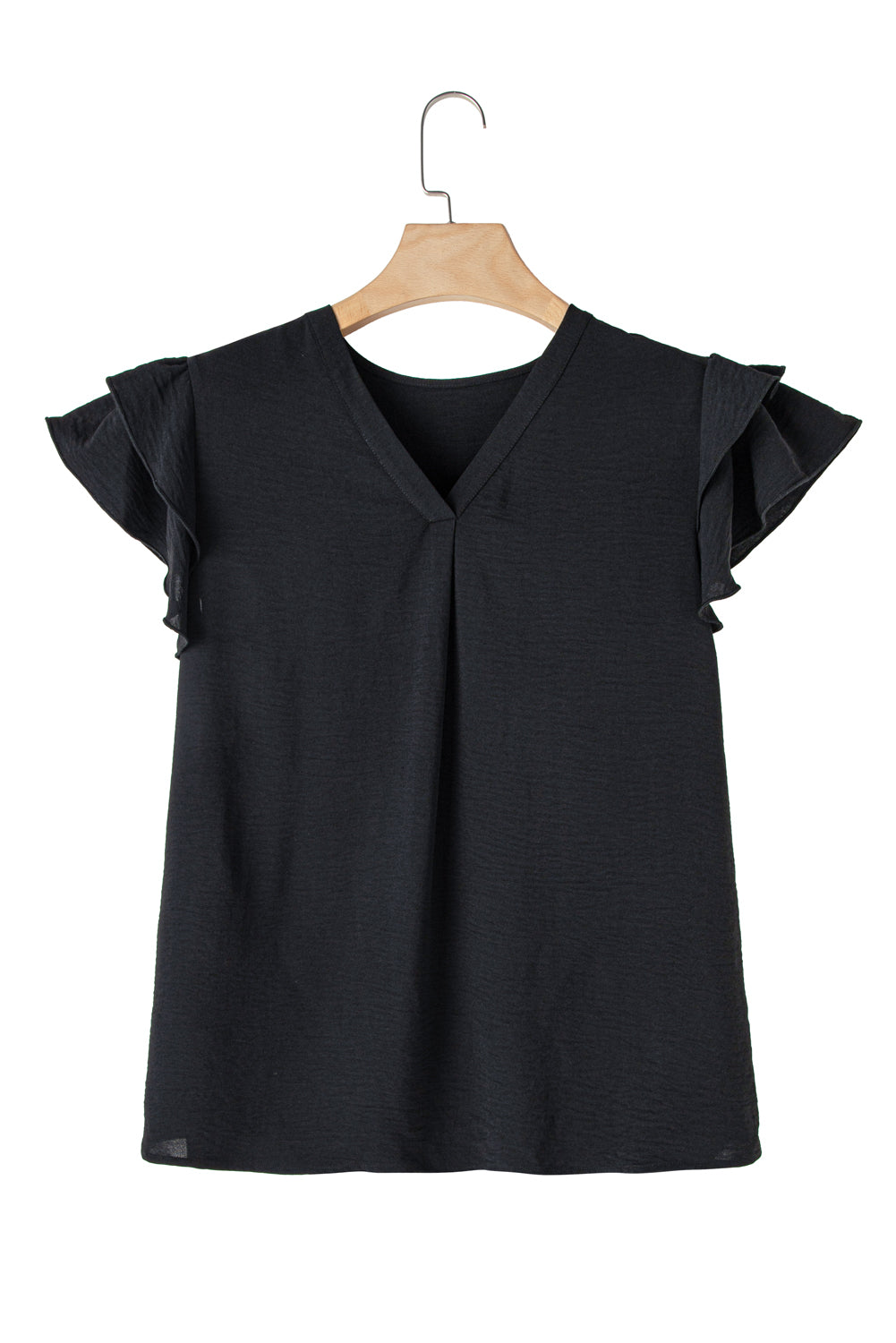 Chic black plus size blouse with ruffled sleeves and v-neck