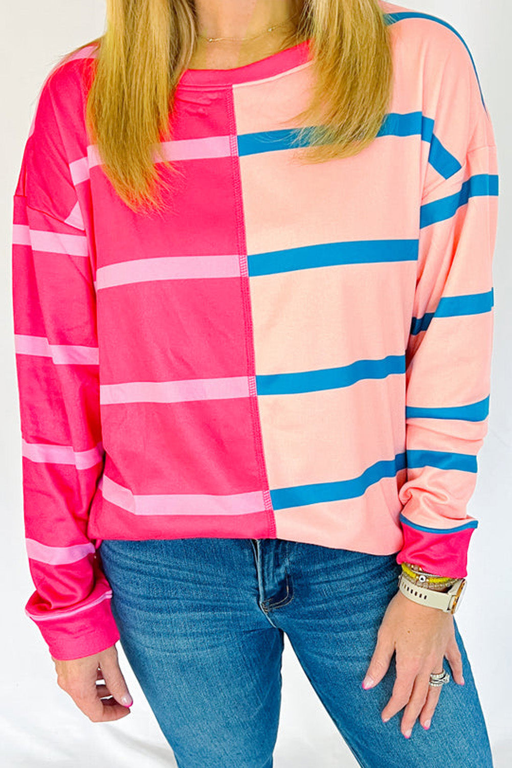 Chic rose stripe color block long sleeve plus size tee