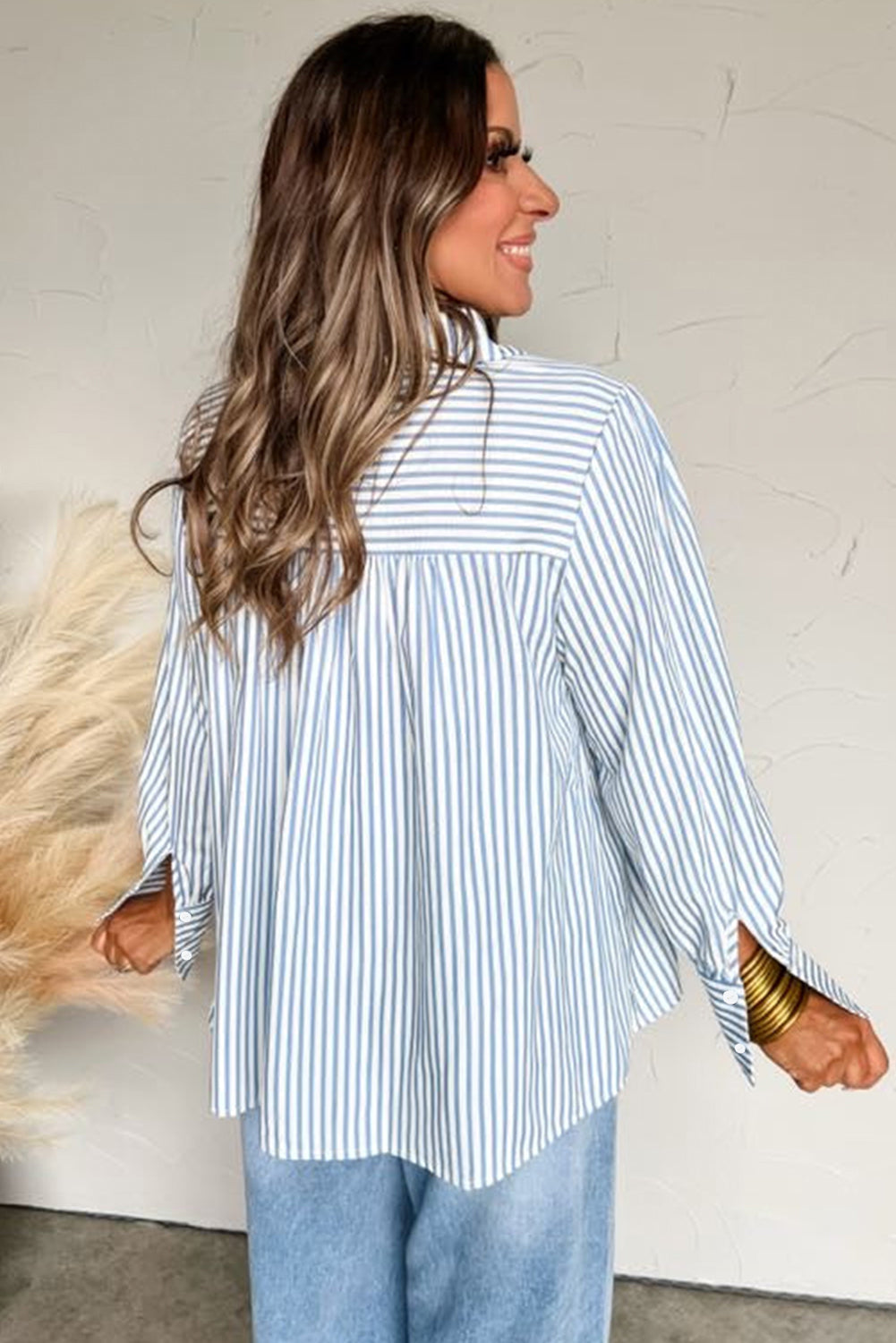 Premium Sky Blue Stripe Shirred Detail Half Placket Collared Long Sleeve Fall Shirt Dear-Lover Dropshipping