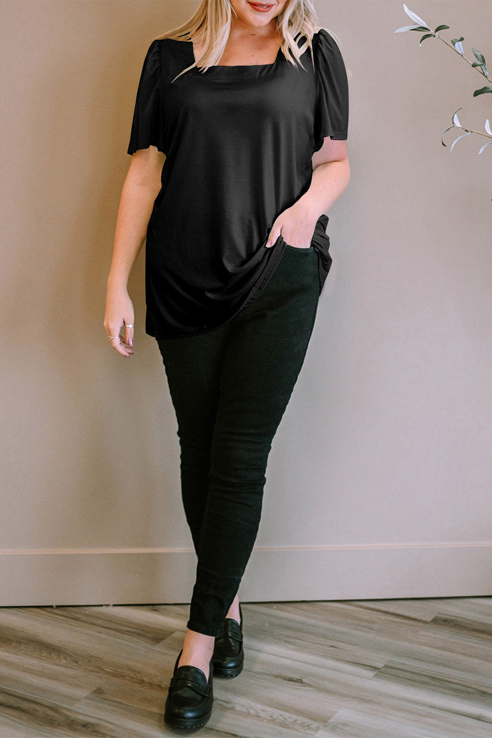 Chic black plus size square neck top with ruched sleeves