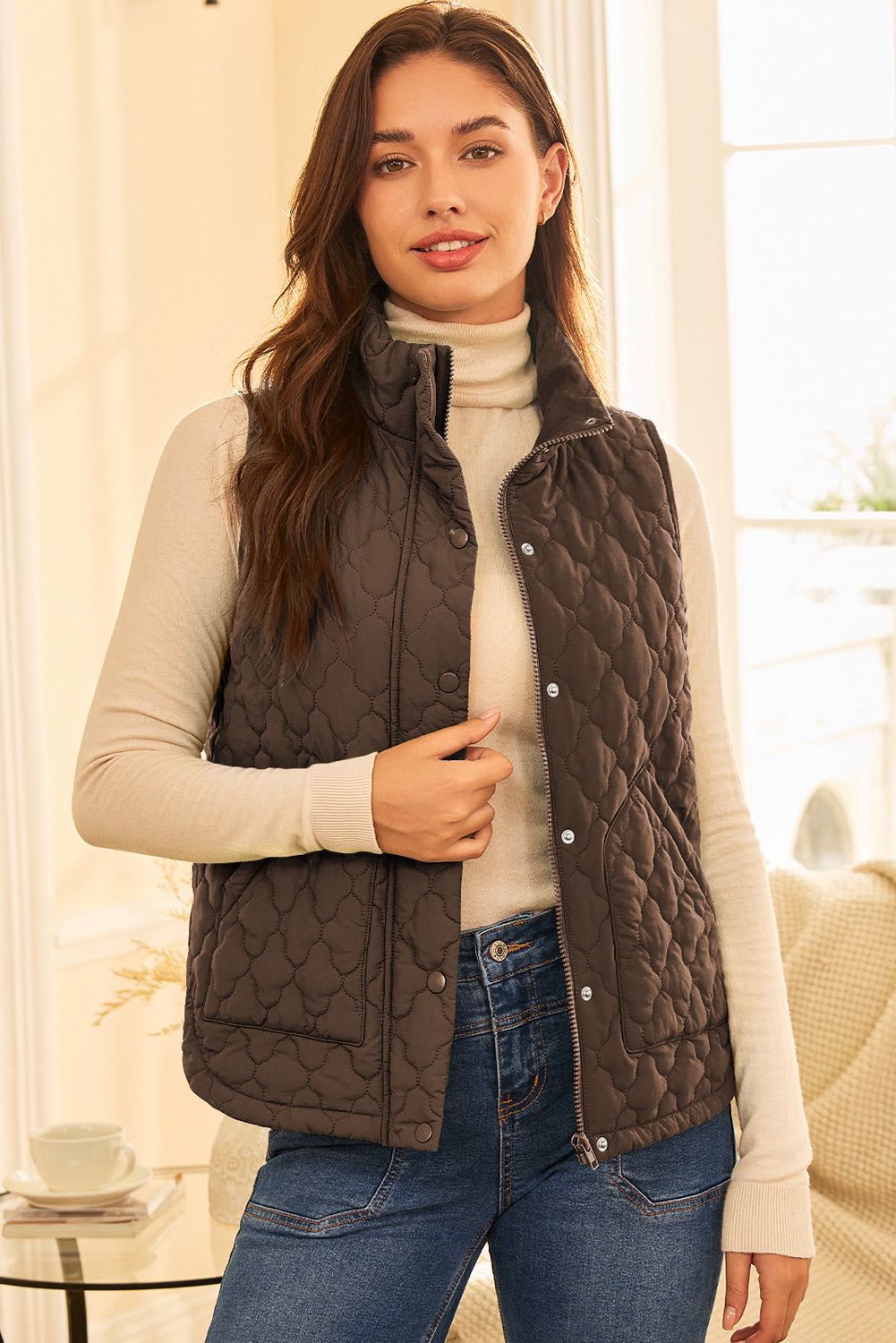 Dark Brown Flower Shape Quilted Zip Up Winter Vest With Snap Buttons Dear-Lover Dropshipping