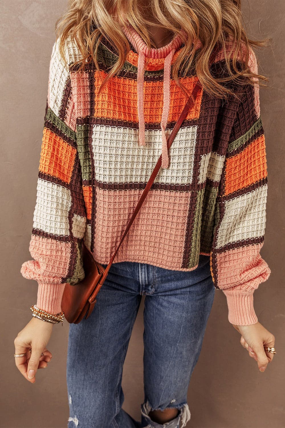 Drawstring Color Block Long Sleeve Sweater.