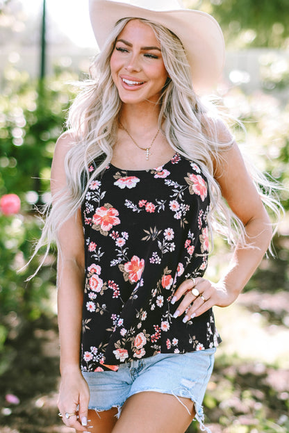 Chic black floral strappy tank top with daring back design