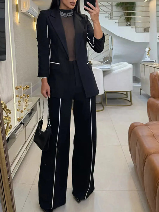 Black Contrast Trim Blazer And Wide Leg Pants Set Two Piece Simply Love