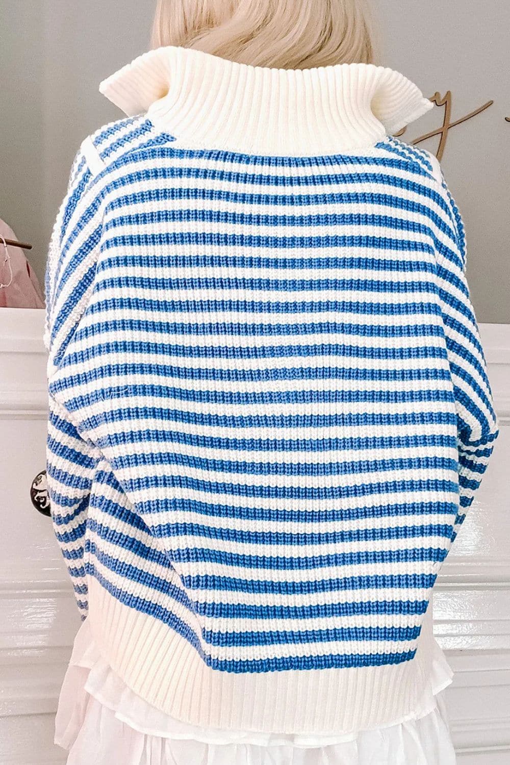 Striped Half Zip Long Sleeve Sweater.