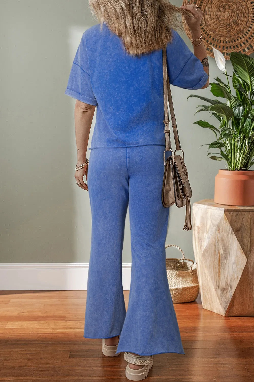 Acid Wash Star Patched Rolled Trim Top and Pants Set - Product detail view by Simply Love