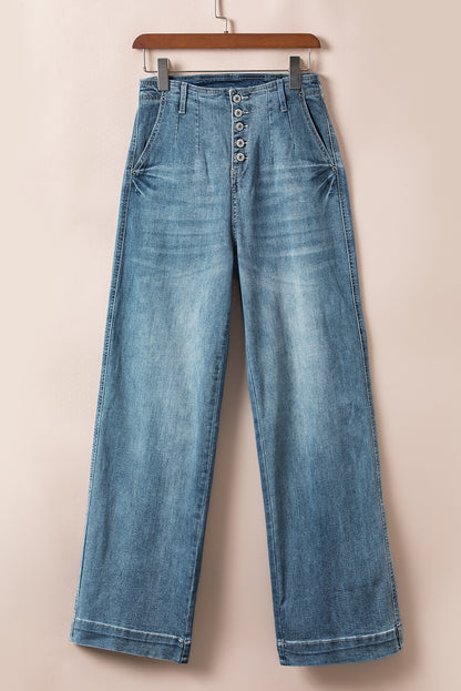 Dusk blue high-waisted loose leg jeans with unique button details