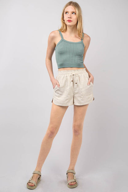 VERY J Drawstring Elastic Waist Linen Shorts.