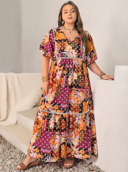 Plus Size Printed V-Neck Half Sleeve Maxi Dress.