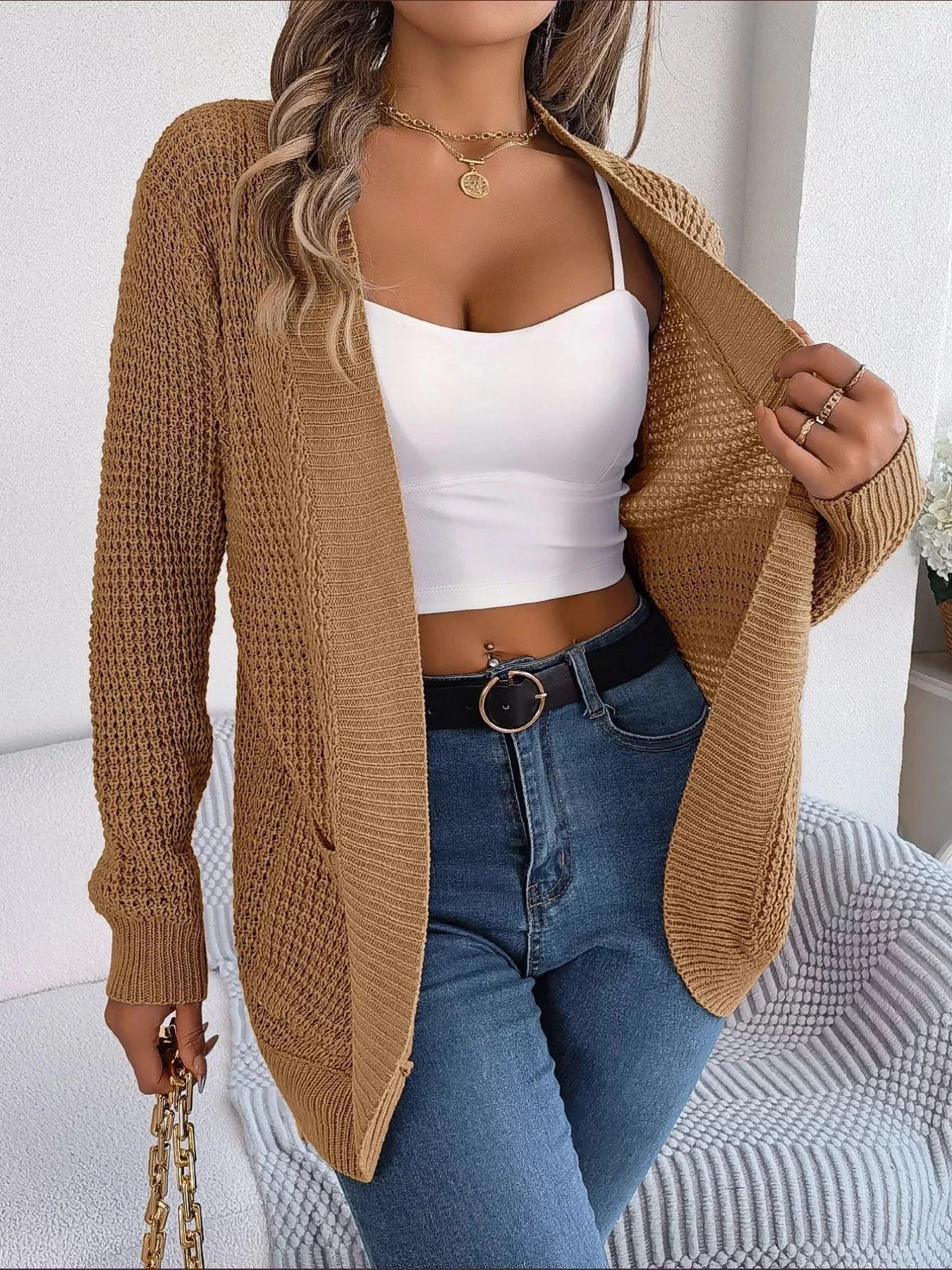 Chunky Knit Open Front Cardigan with Pockets Coco’s Tee Boutique