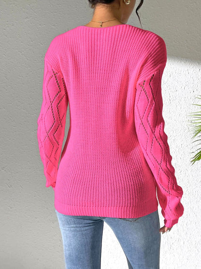 Chic openwork v-neck sweater with long sleeves