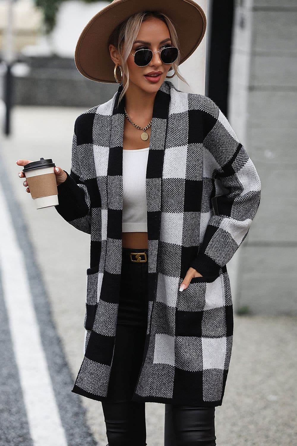 Plaid Dropped Shoulder Cardigan with Pocket.