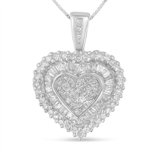 Bids.com 10K White Gold 1 cttw Multi Cut Diamond Heart Pendant Necklace, sparkling with brilliant H-I, I1-I2 diamonds.