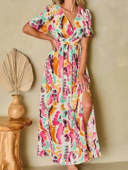 Slit Printed Surplice Short Sleeve Maxi Dress.