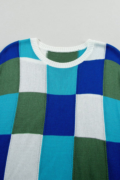 Color Block Round Neck Cap Sleeve Knit Top.