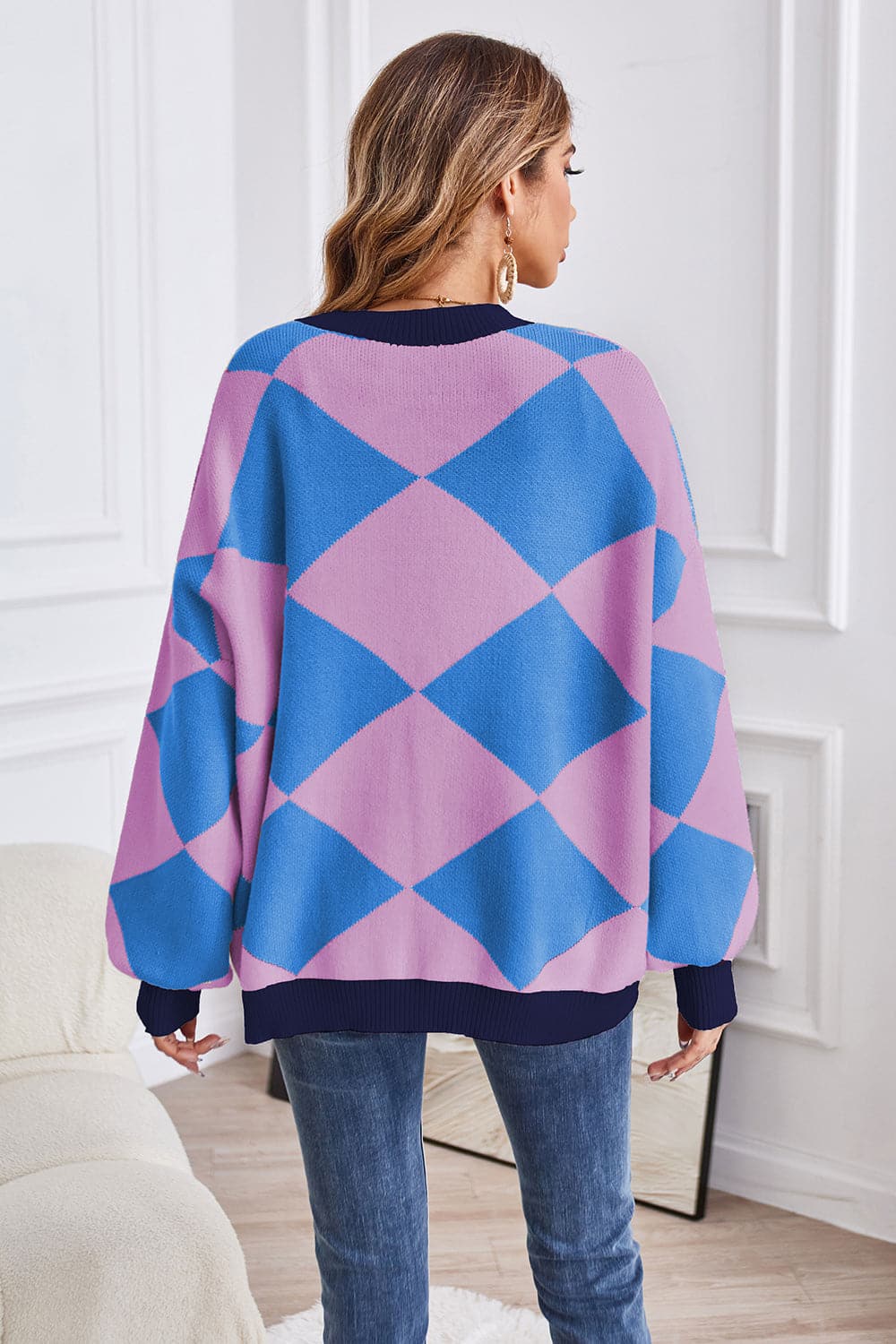 Geometric Lantern Sleeve Cardigan with Pockets.