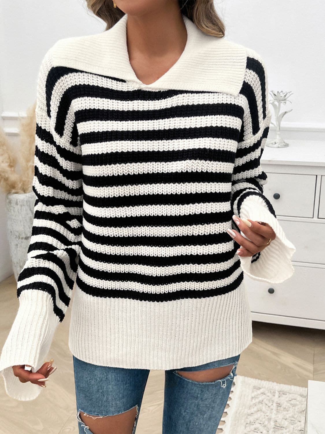 Striped Collared Neck Long Sleeve Sweater.