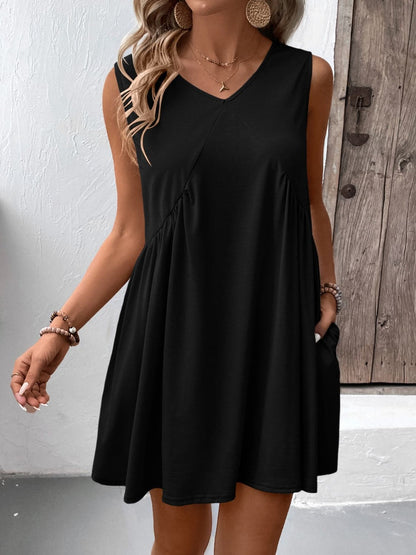 Ruched V-Neck Sleeveless Mini Dress.