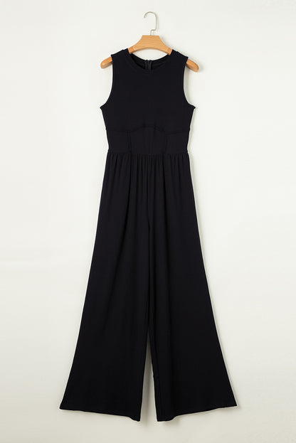 Chic black sleeveless jumpsuit with cinched waist and wide legs