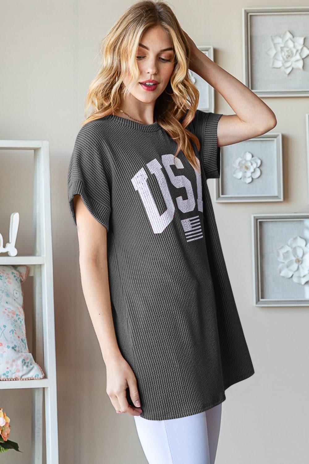 Heimish Full Size USA Graphic Short Sleeve Ribbed Top.