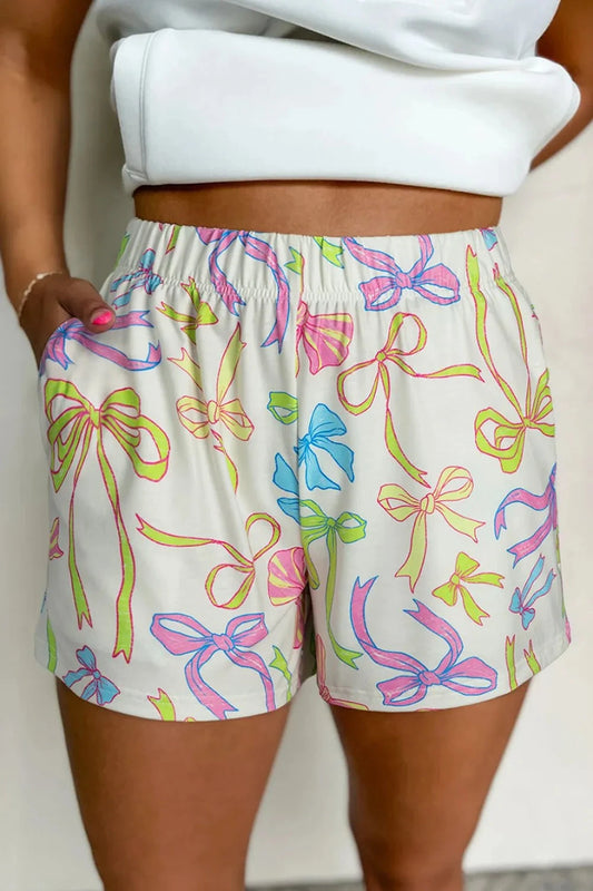Cheerful Bow Print Elastic Pull On Casual Shorts Simply Love