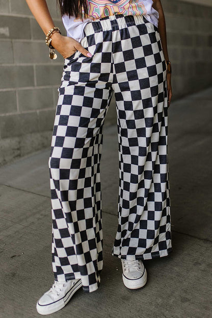 Checkered high-waisted wide leg trousers