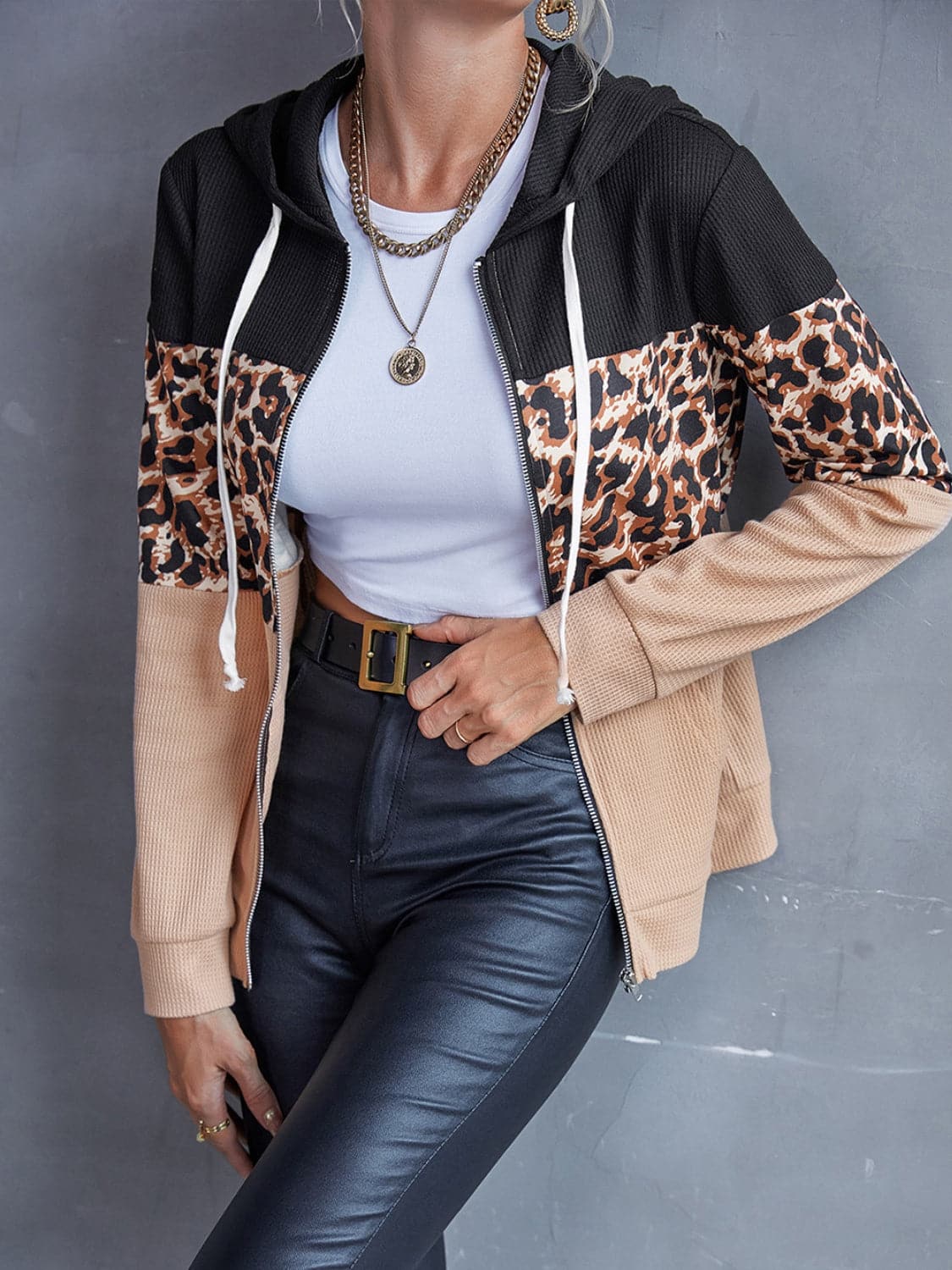 Drawstring Leopard Zip Up Hooded Jacket.