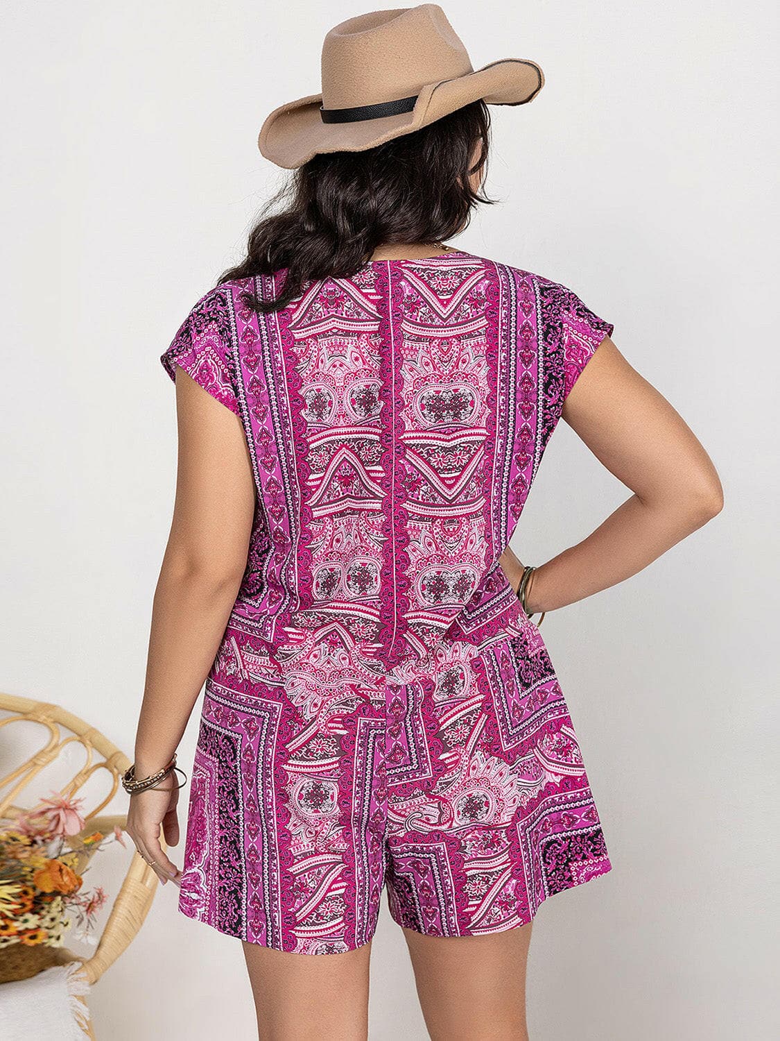 Plus Size Printed V-Neck Cap Sleeve Romper.