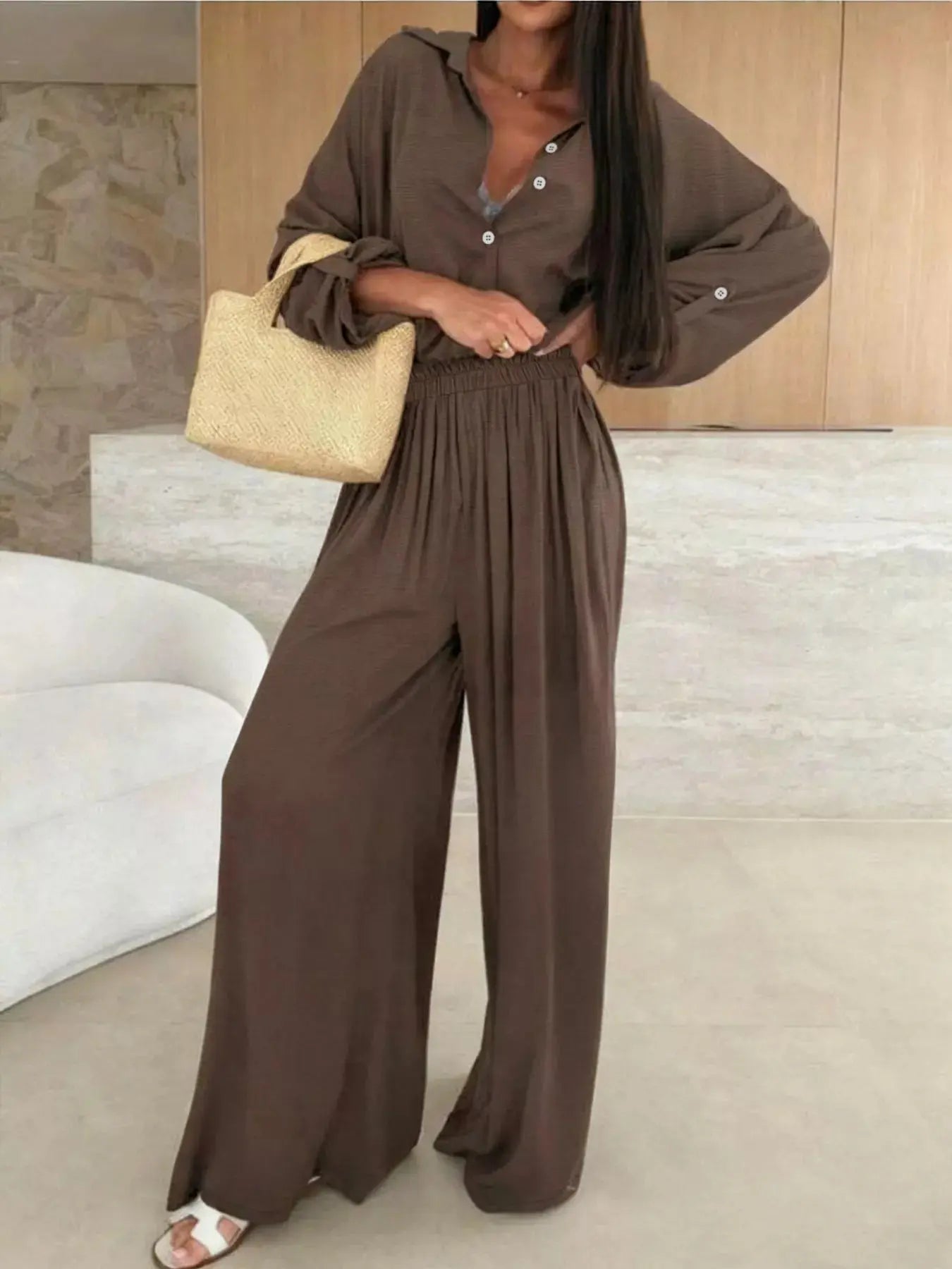 Long Sleeve Shirt and Wide Leg Pants Set Simply Love