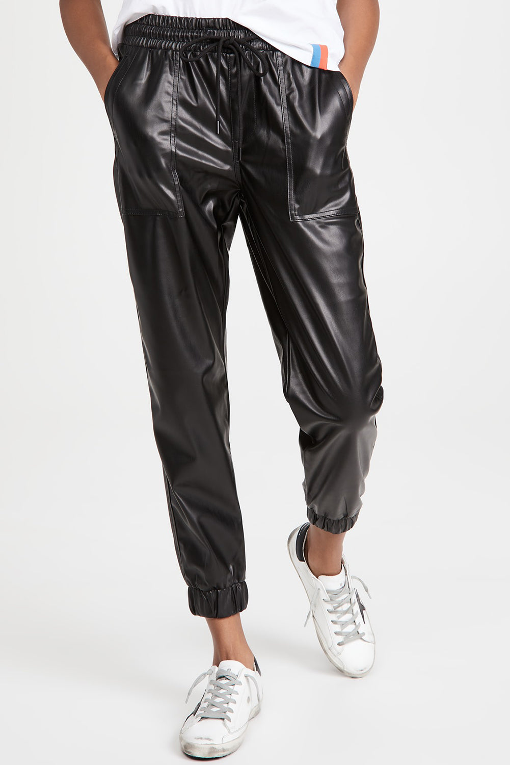 Chic black faux leather joggers with smocked waist and drawstring detail