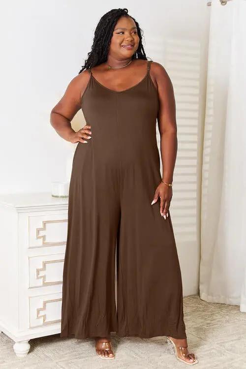 Double Take Full Size Soft Rayon Spaghetti Strap Tied Wide Leg Jumpsuit - Love Salve