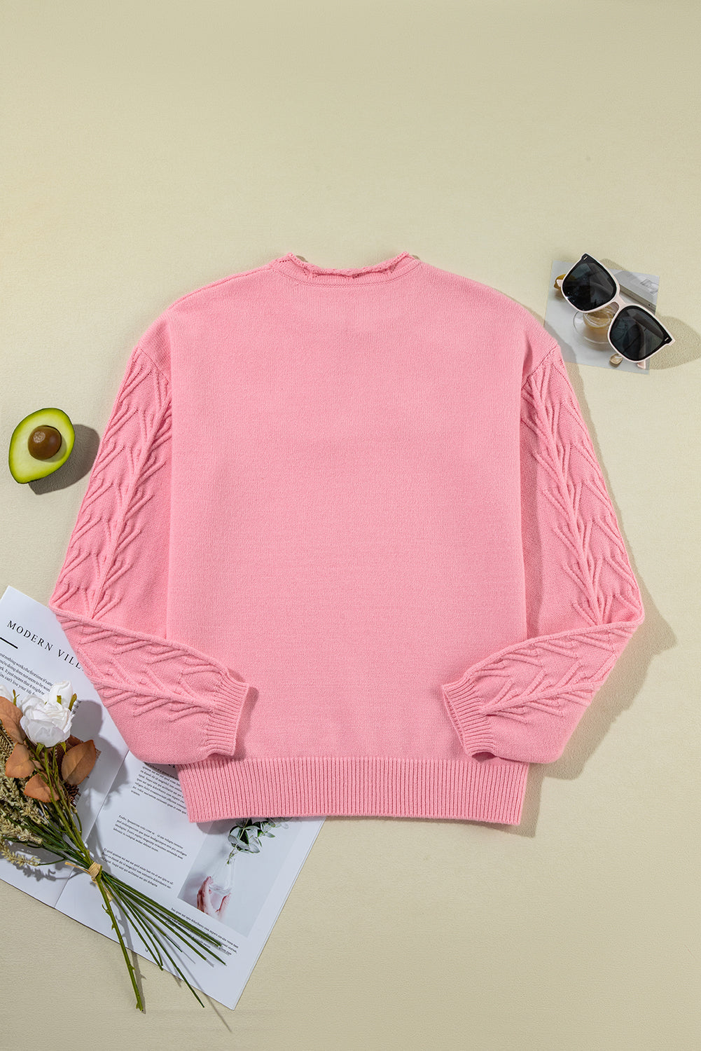 Peach blossom floral knitted sweater with notched neckline