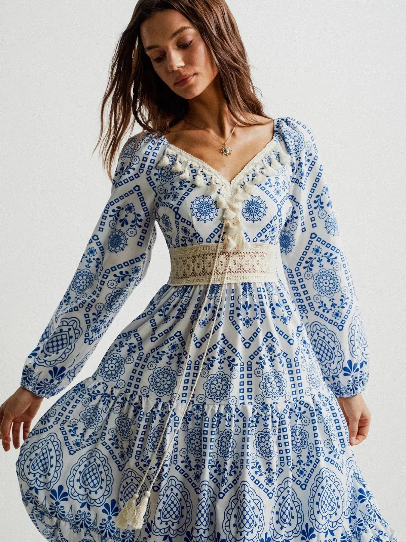 Bohemian Print Midi Dress with Tassel Detail Simply Love