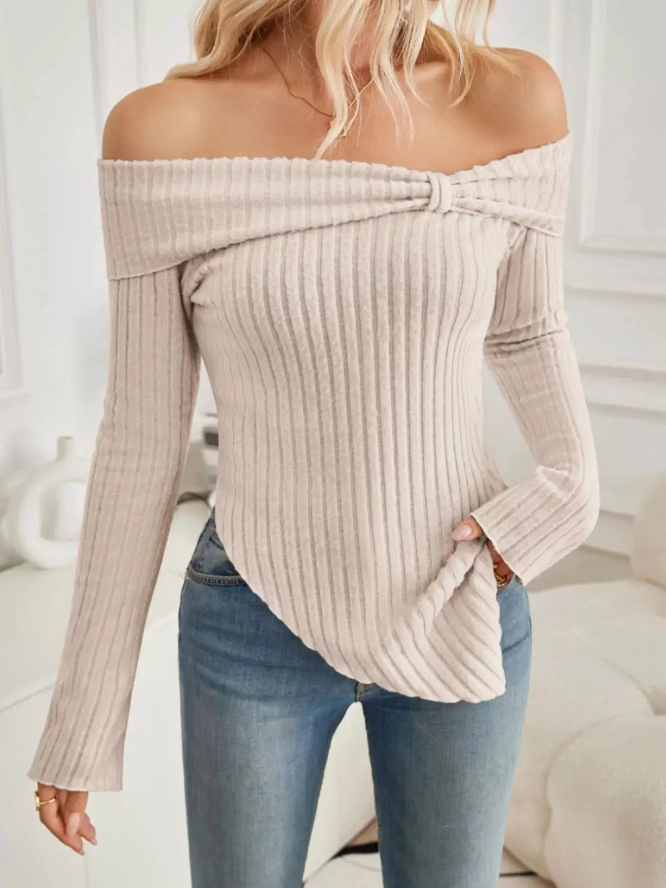 Off Shoulder Ribbed Knit Top Long Sleeves Soft Stretchy Viscose Blend Simply Love