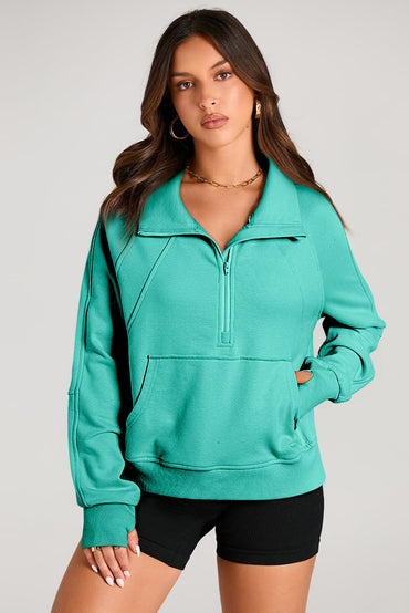 Aruba blue casual quarter zip sweatshirt with kangaroo pocket