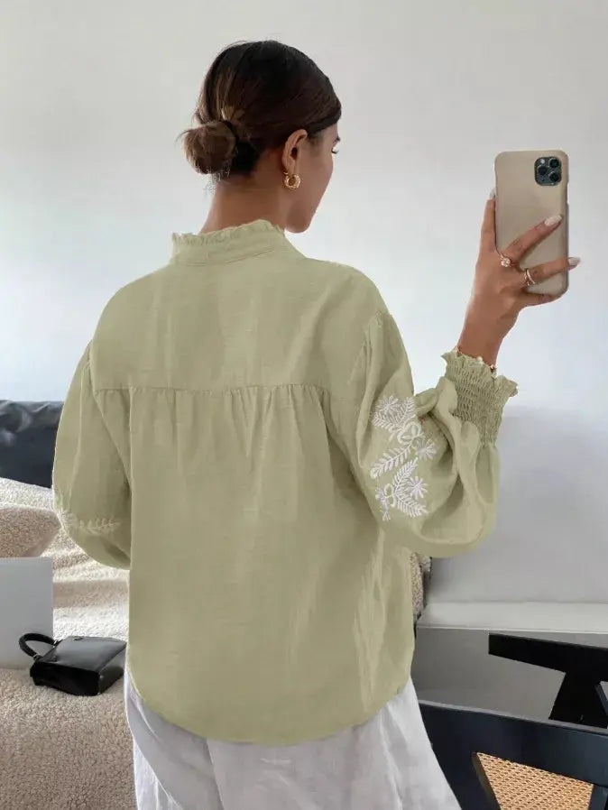 Embroidered Notched Long Sleeve Blouse Simply Love