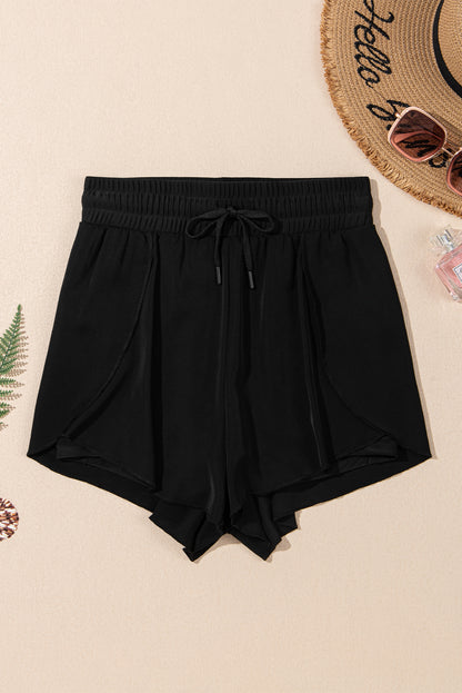 High Waist Color Block Bikini Shorts with Drawstring and Side Pockets in Black